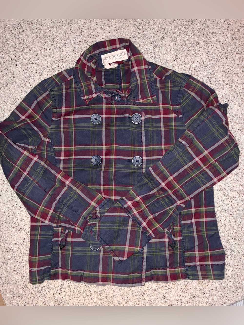 Y2K Aeropostale Women's Navy Plaid Double-Breasted Jacket